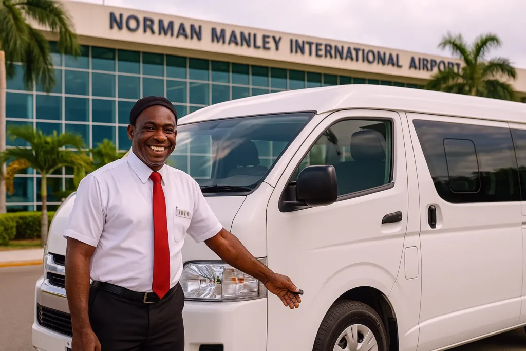 A professional Jamaican JUTA driver wearing a crisp uniform and name badge, smiling warmly as he opens the door of a modern white Toyota Hiace van for a client at Norman Manley International Airport in Kingston, Jamaica. The airport terminal with its glass facade and tropical surroundings is visible in the background.