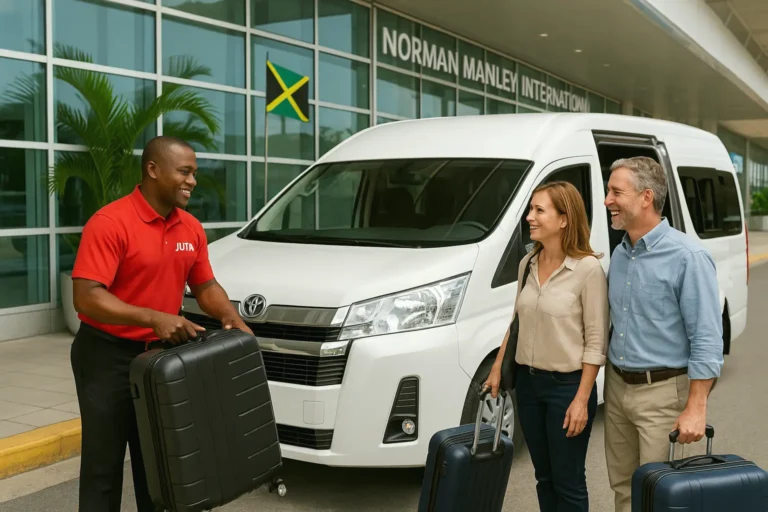 UTA driver assisting clients with airport transfer at Norman Manley