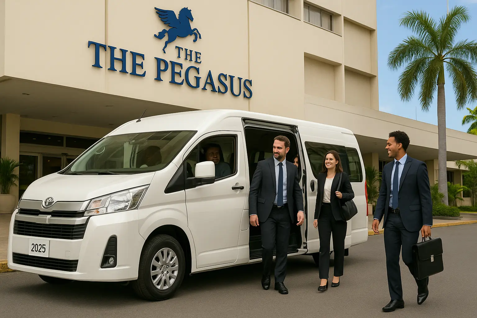 A professional image of a 2025 white Toyota Hiace van transporting corporate executives arriving at the Pegasus Hotel in Kingston, Jamaica